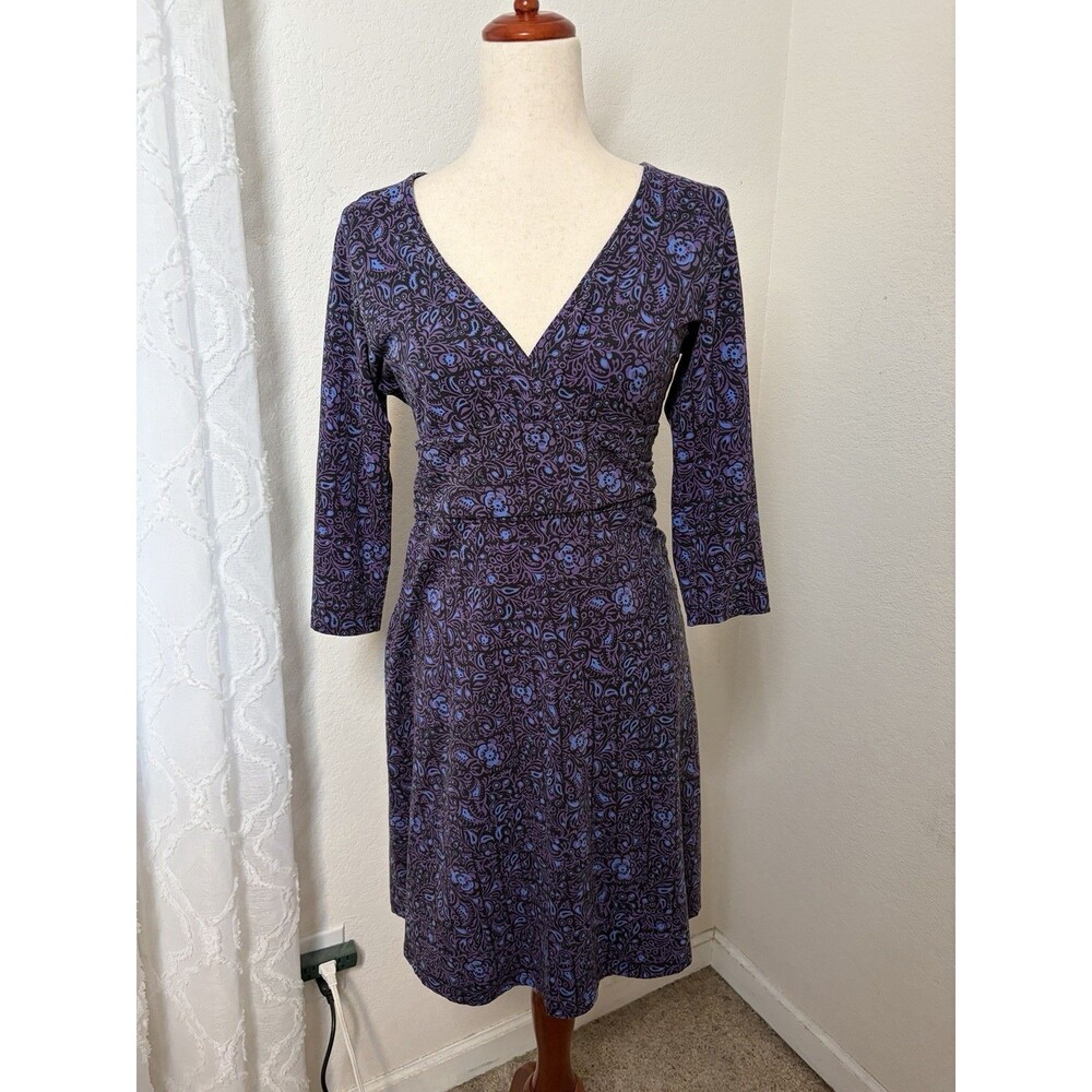 Patagonia Womens Size Small Purple Blue Floral Faux Wrap Dress 3/4 Sleeve Knit